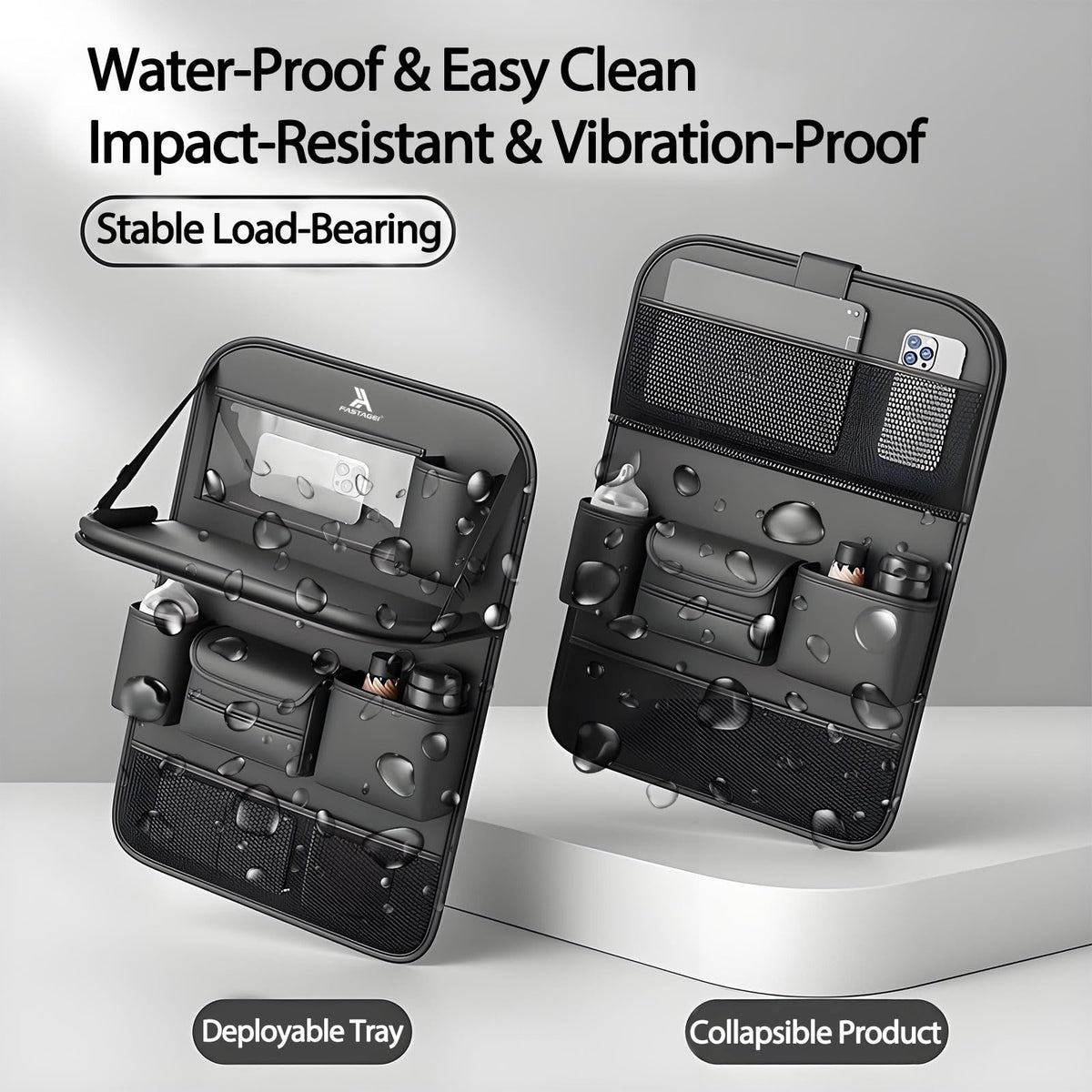 FASTAGEI installed on car seat showing full protection and tidy rear cabin