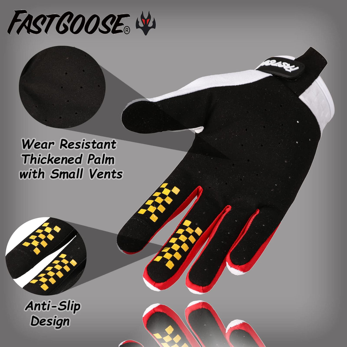 FASTGOOSE stretch Lycra backhand detail for breathability and hand mobility