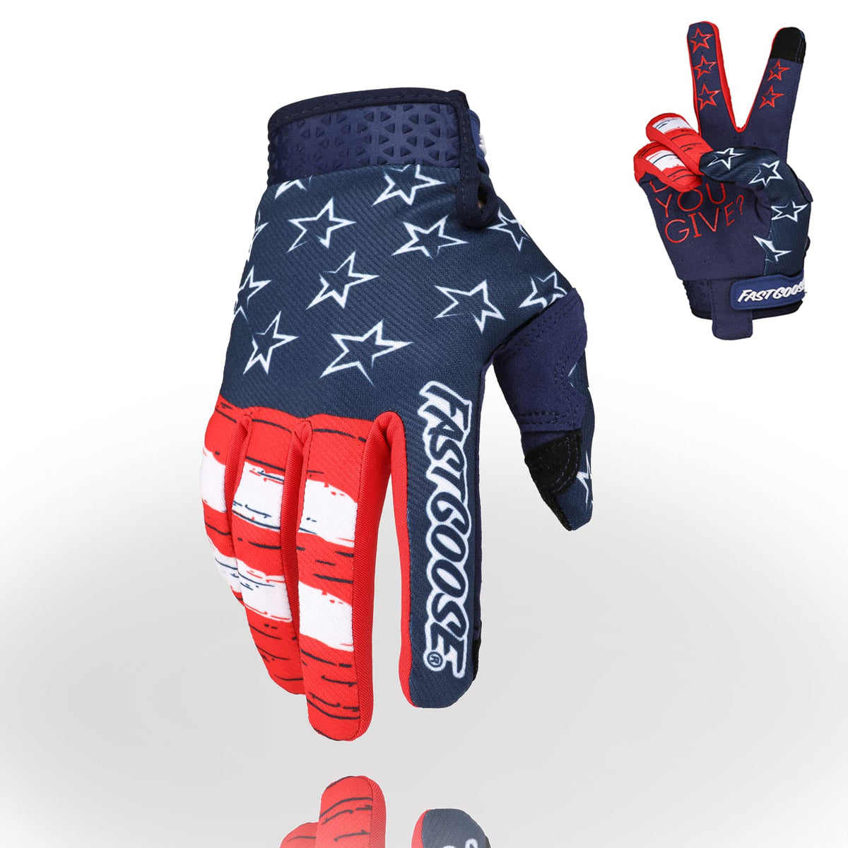 FASTGOOSE front view blue red gloves showing sporty design and breathable back