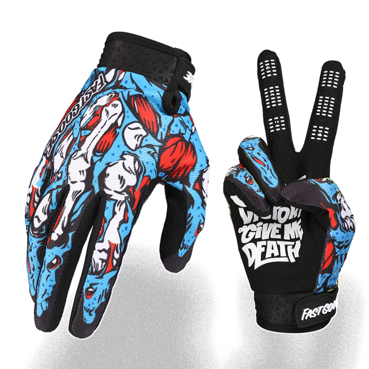 FASTGOOSE front view of blue gloves showing skeleton design and fit benefit