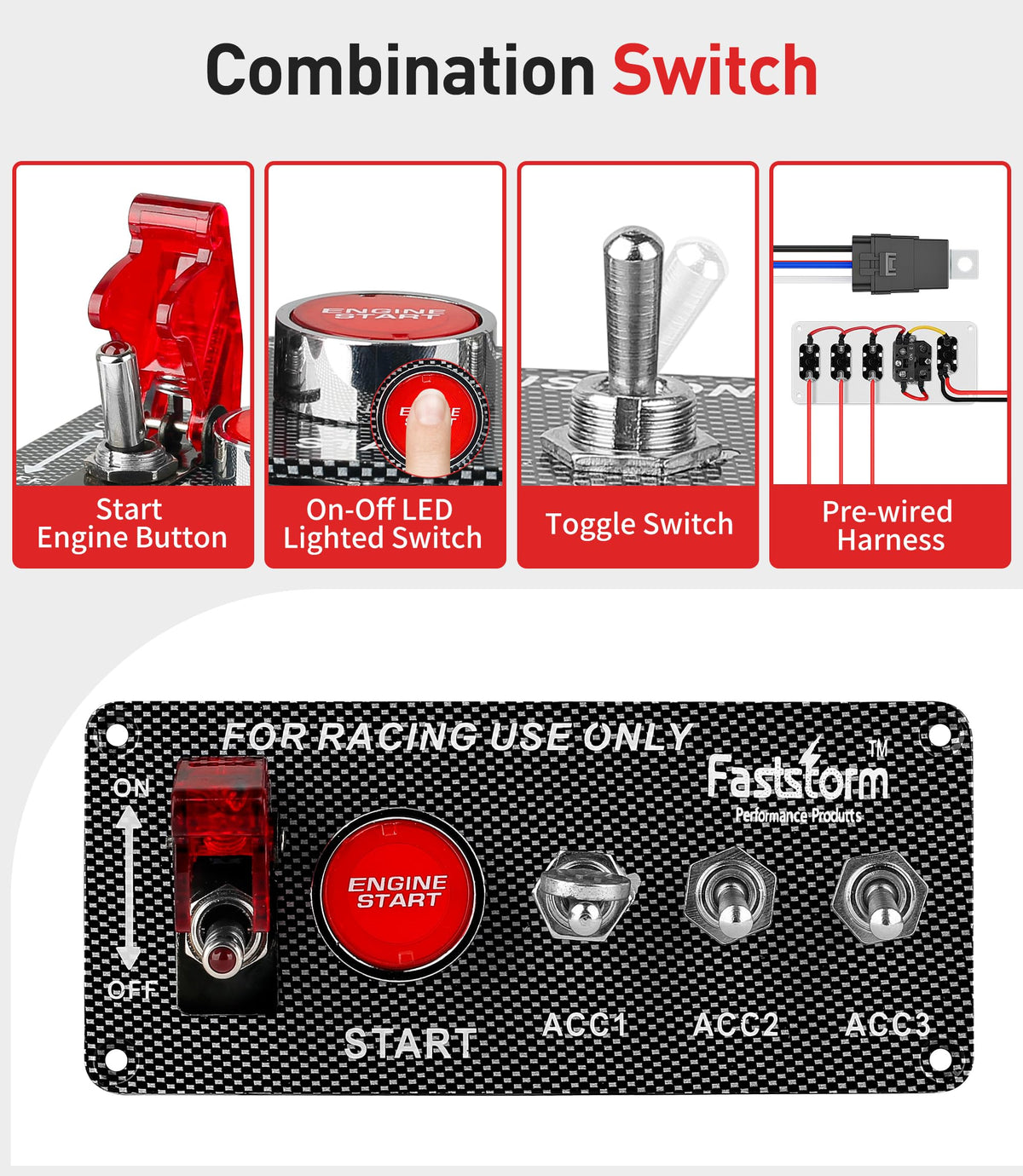 FASTSTORM red LED engine start button close-up for quick starting visibility