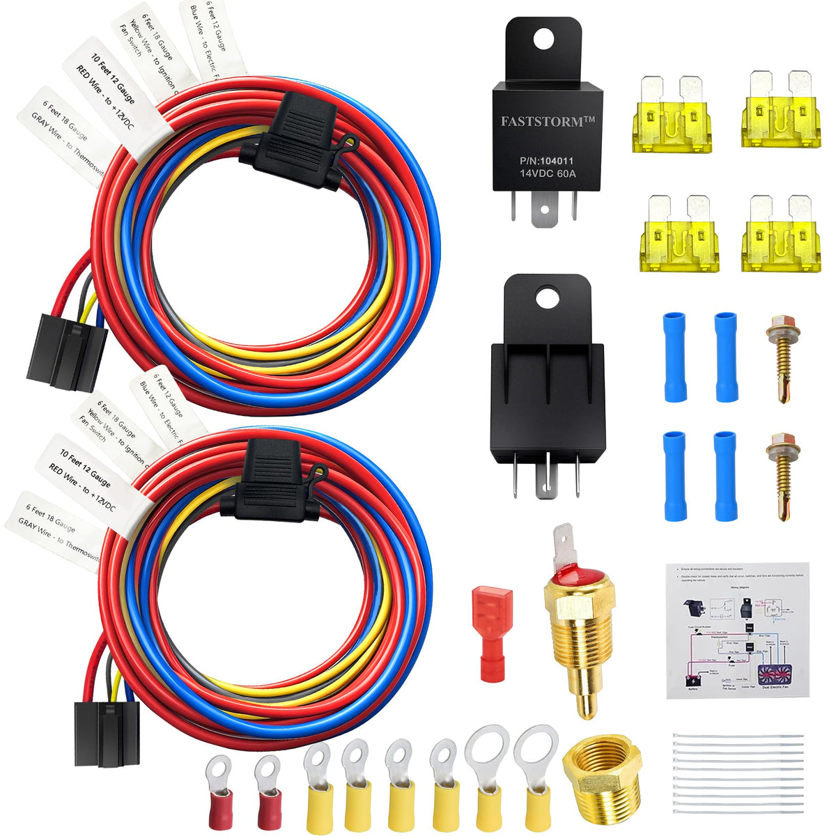FASTSTORM front packaging showing full dual fan relay kit and components for easy identification