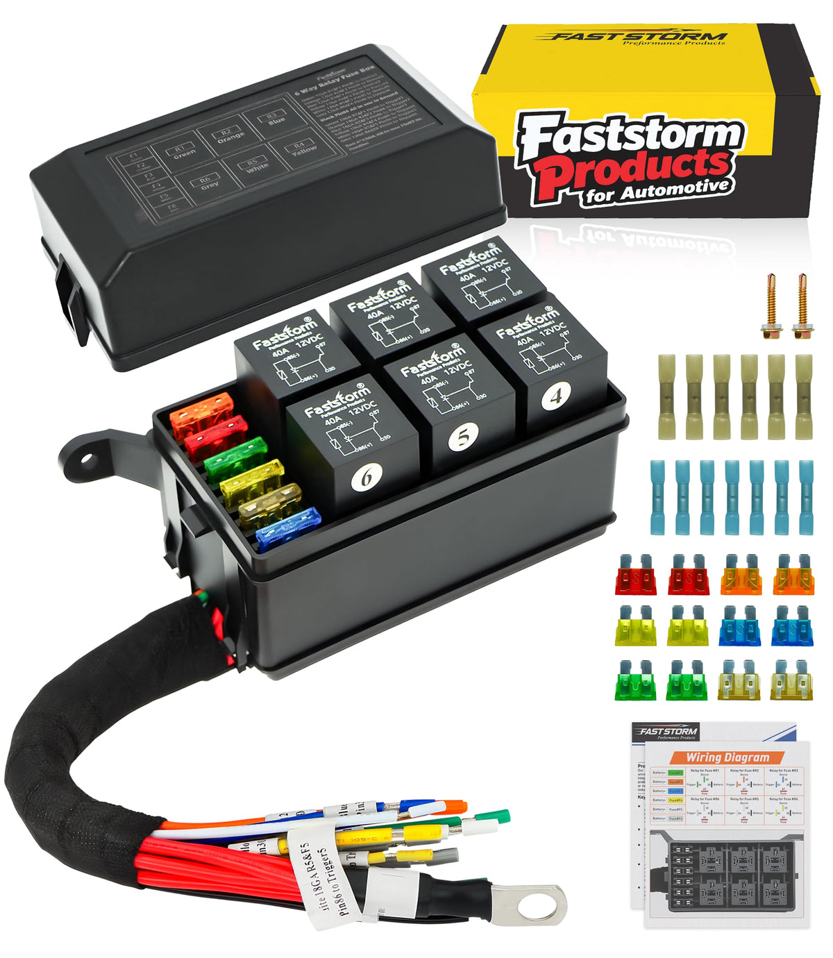 FASTSTORM front view relay panel showing relays and fuses for neat installation benefit
