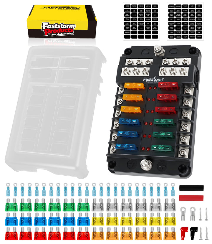 FASTSTORM front view of 12-way fuse block showing ports and cover, simplifies organization