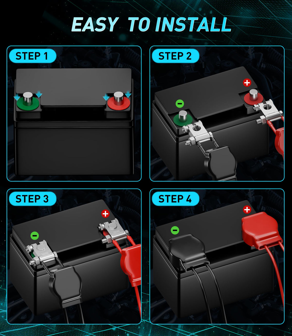 FASTSTORM red and black terminal covers preventing shorts and identifying polarity