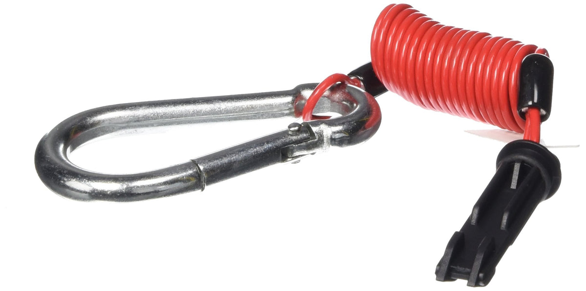 Fastway red breakaway cable front view showing coiled design and spring clip for safer towing