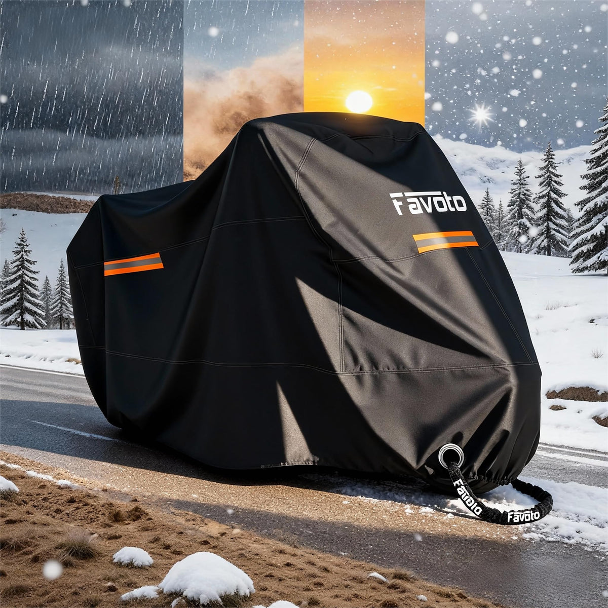 Favoto covered motorcycle parked outdoors showing all-weather protection