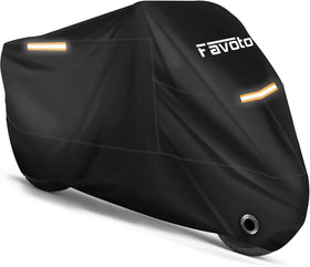 Favoto front view of covered motorcycle showing full protection and weather resistance