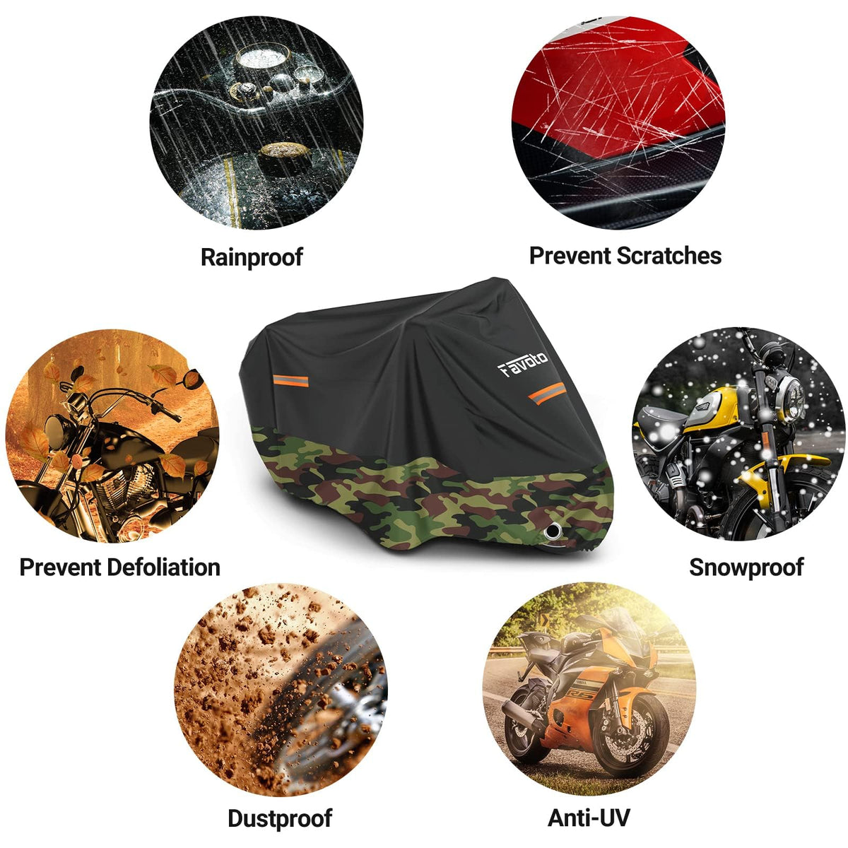 Favoto cover on motorcycle in driveway providing secure protection