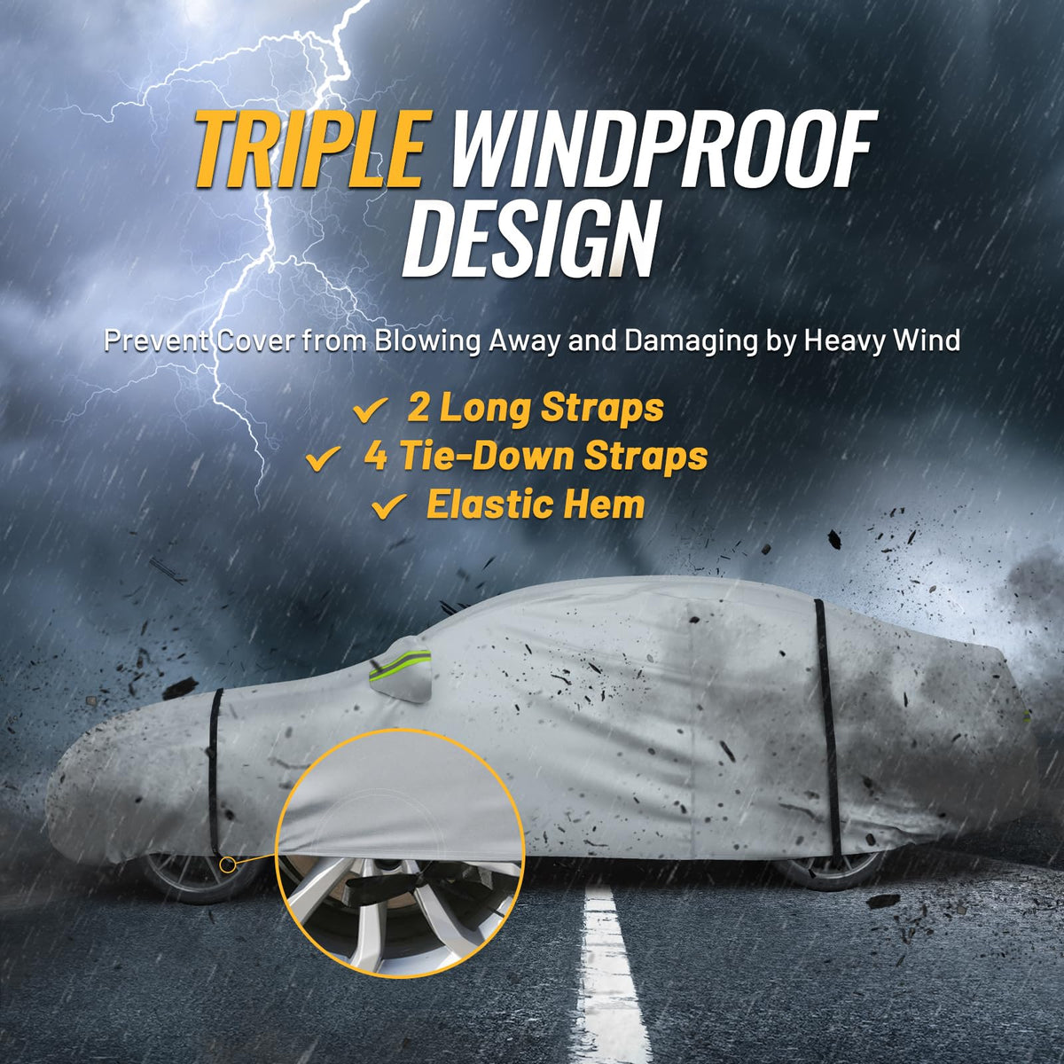 Favoto underbody straps and buckles securing cover against high winds