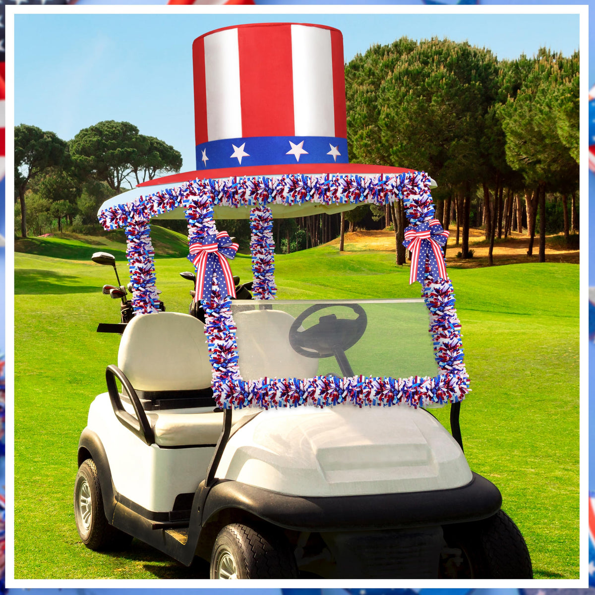 Fayoo fully decorated car at parade creating cohesive patriotic display