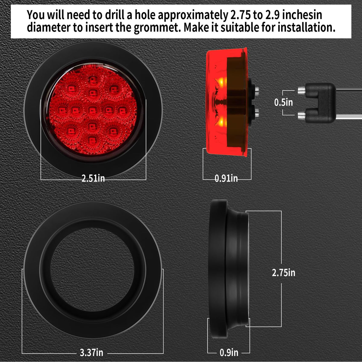 FBAAUKUS two‑wire pigtail and grommet detail for easy installation