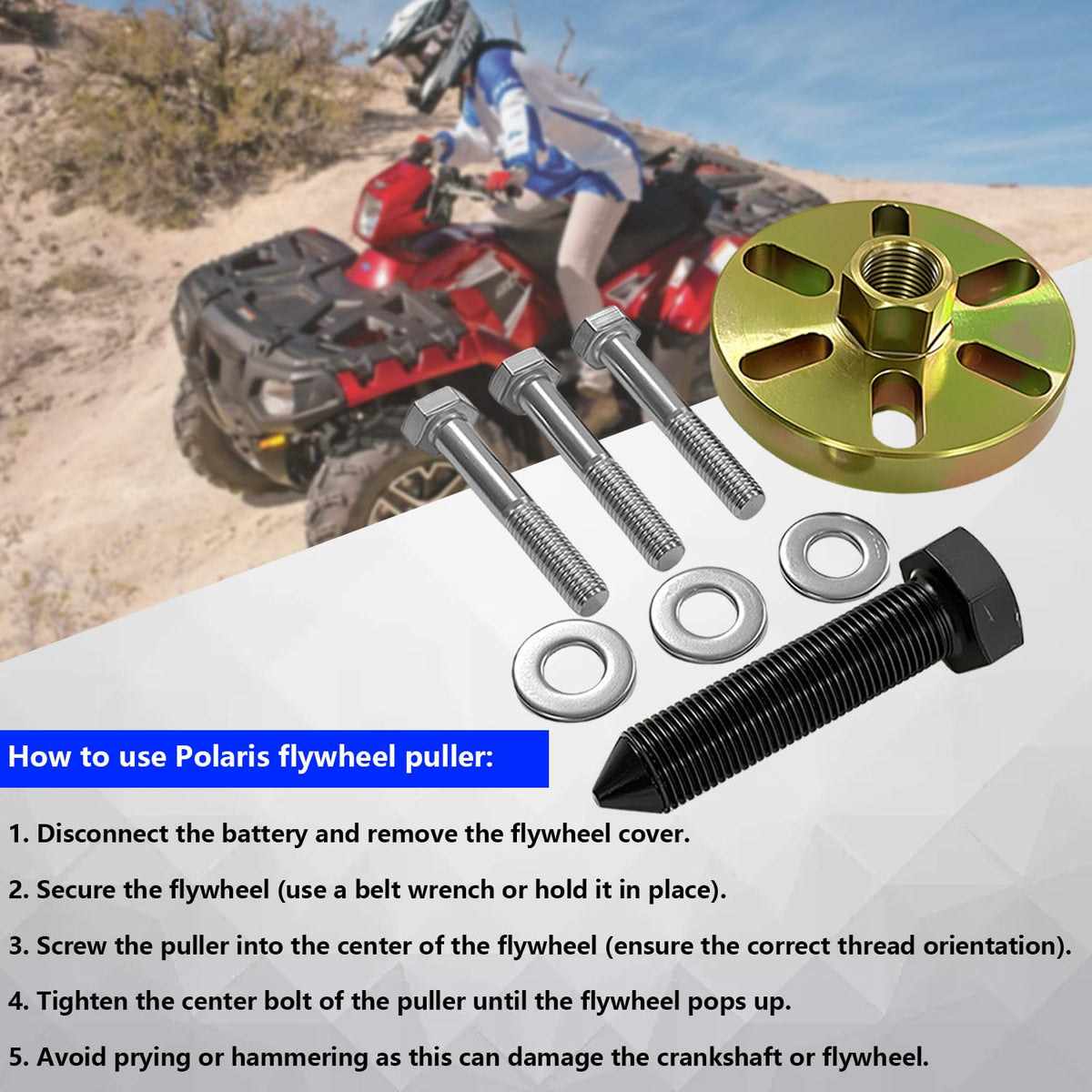 FBSCTMH tool in use on a Polaris flywheel demonstrating safe, balanced extraction
