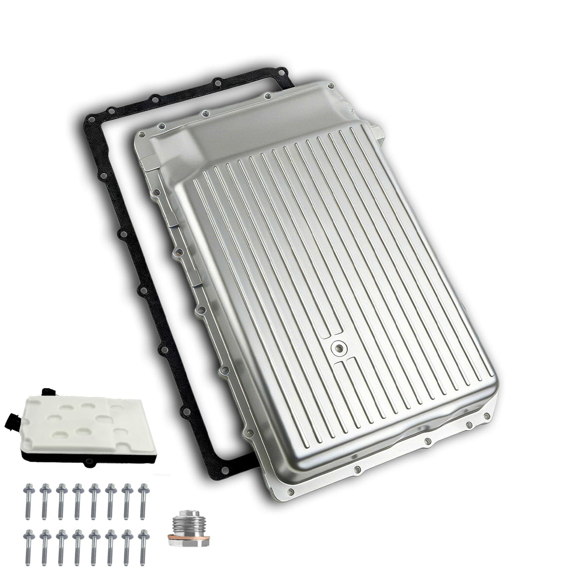 FBXINTUM front view aluminum transmission pan showing fit and design benefit heat control