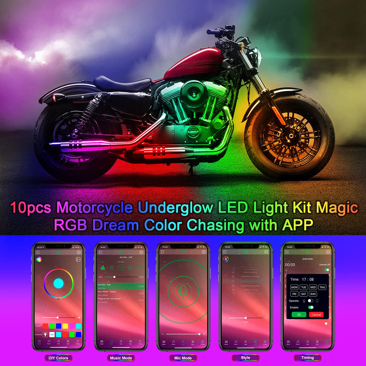 FCPVHOY smartphone app screen with color picker and music sync for customizable lighting