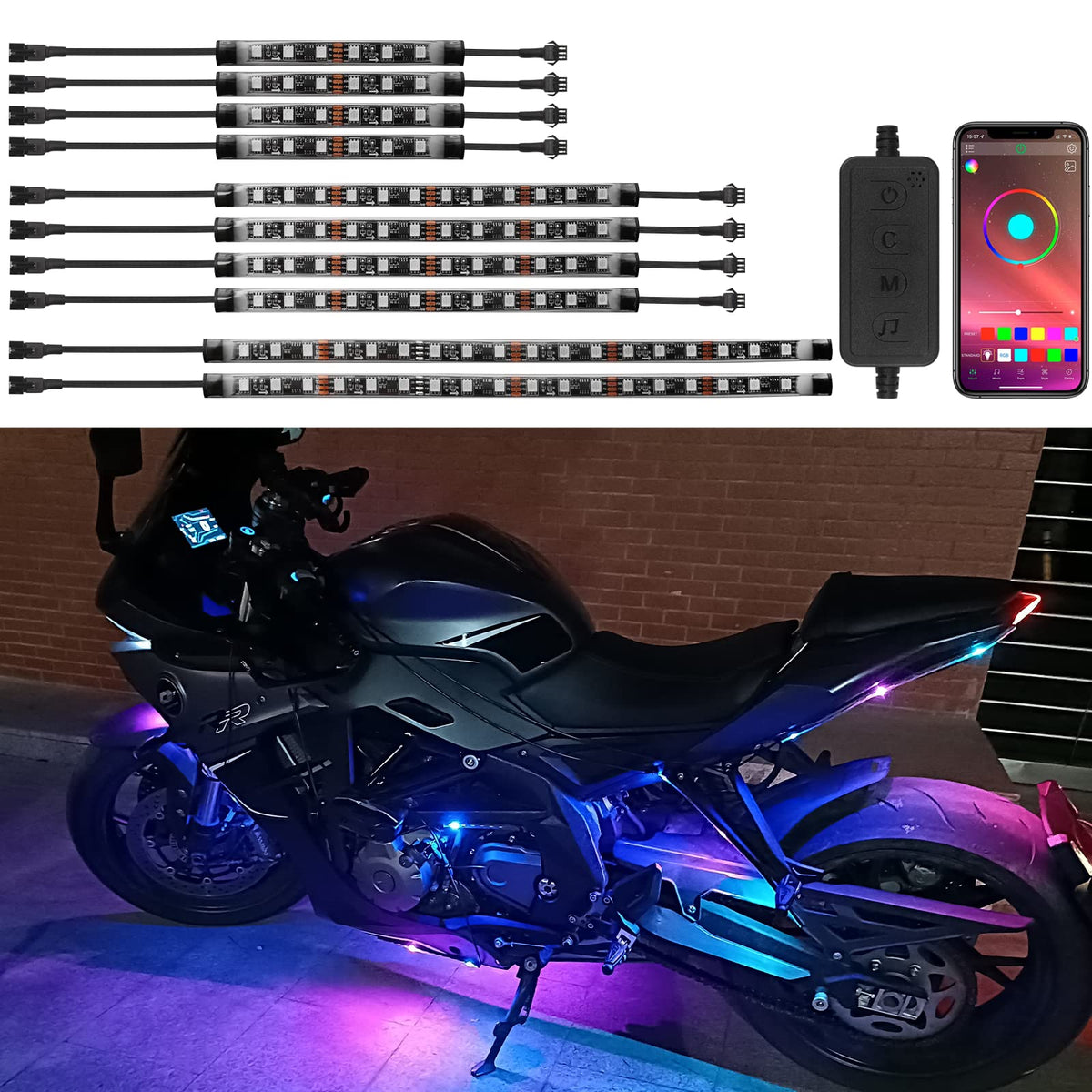 FCPVHOY front packaging of the motorcycle LED kit showing contents and benefits