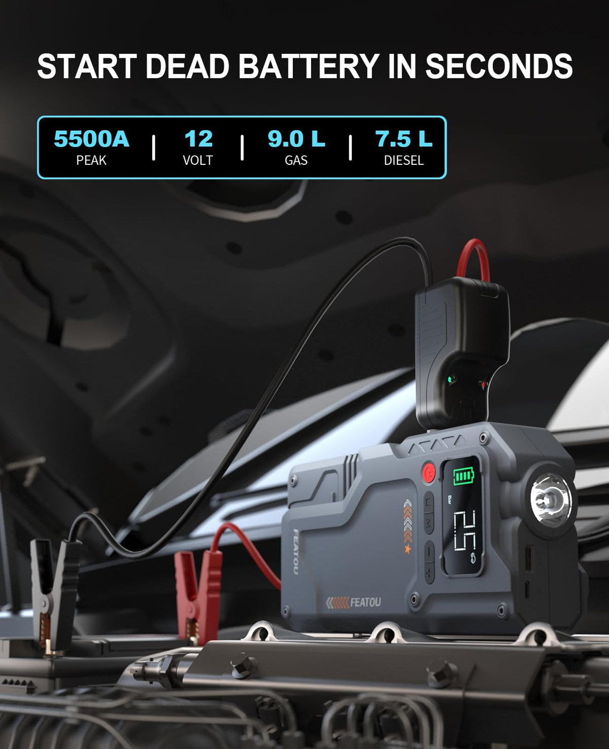 Featou air compressor closeup showing digital gauge and inflation nozzle benefits