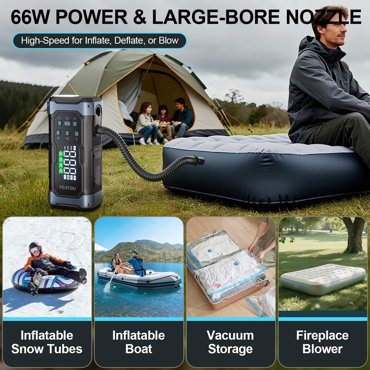 Featou blower hose and four nozzle adapters for inflatables and versatile camping use