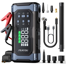 Featou front view of jump starter showing ports and rugged casing for dependable roadside use