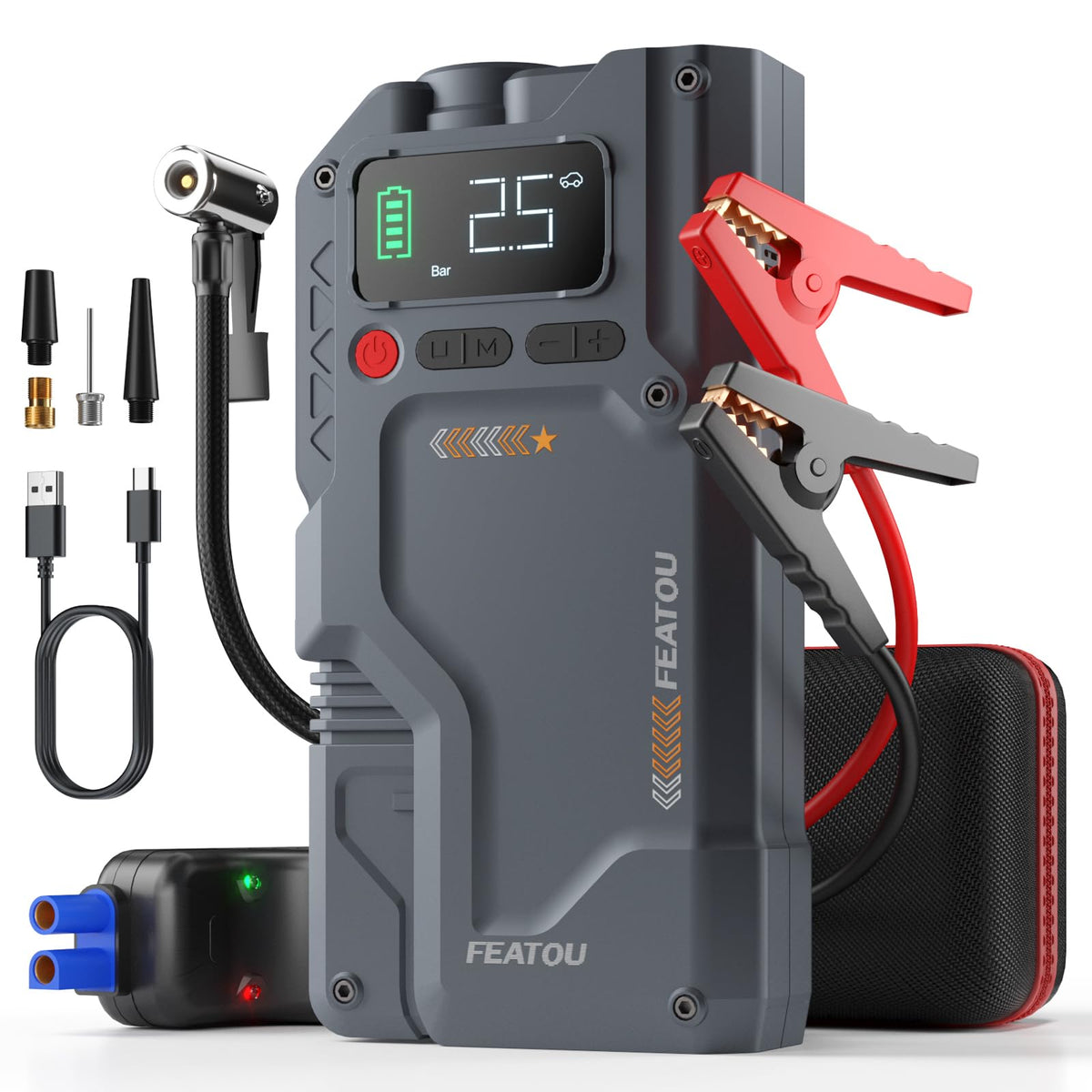 Featou front view with case showing compact portability and organized storage