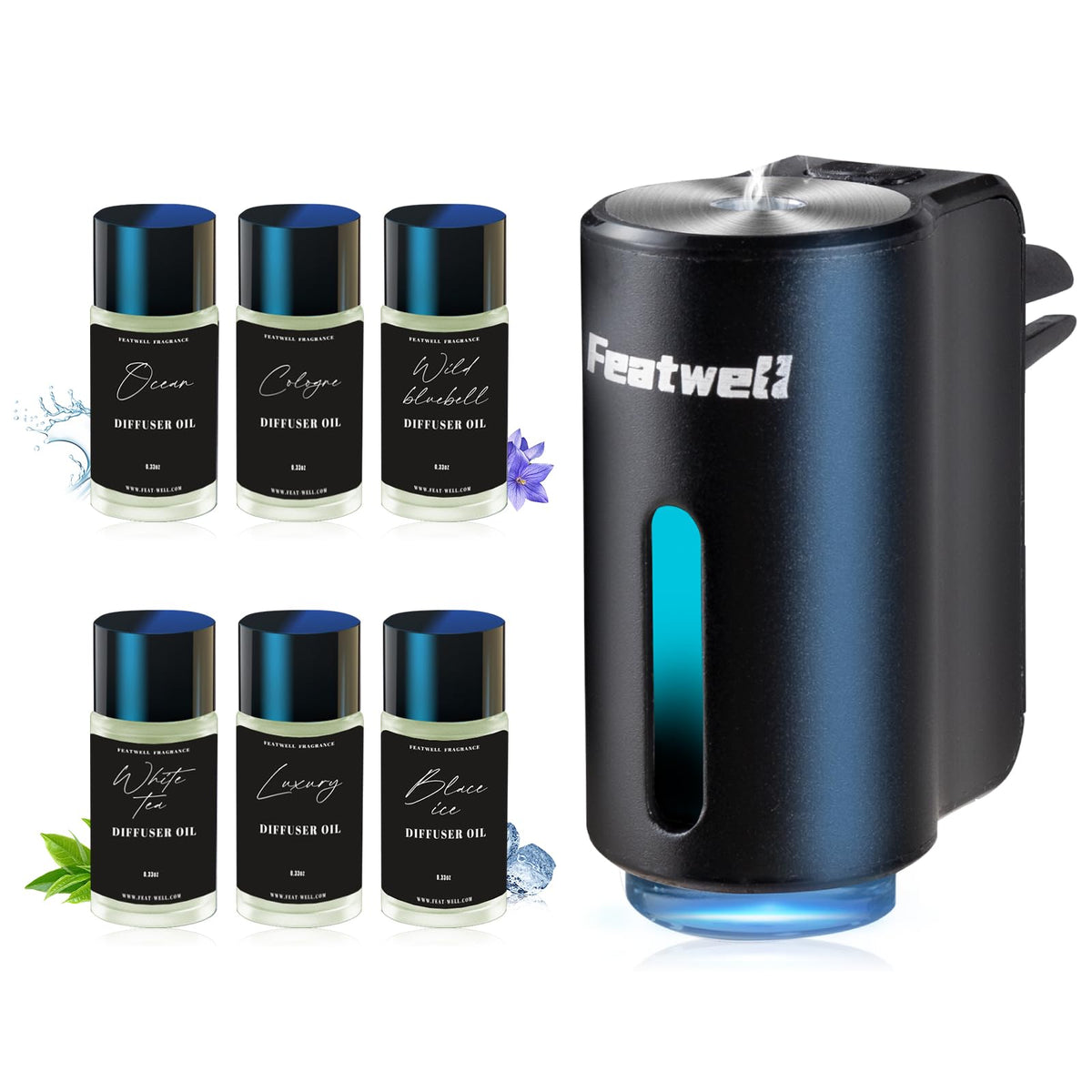 Featwell black diffuser front view showing compact design and stylish look for cabin