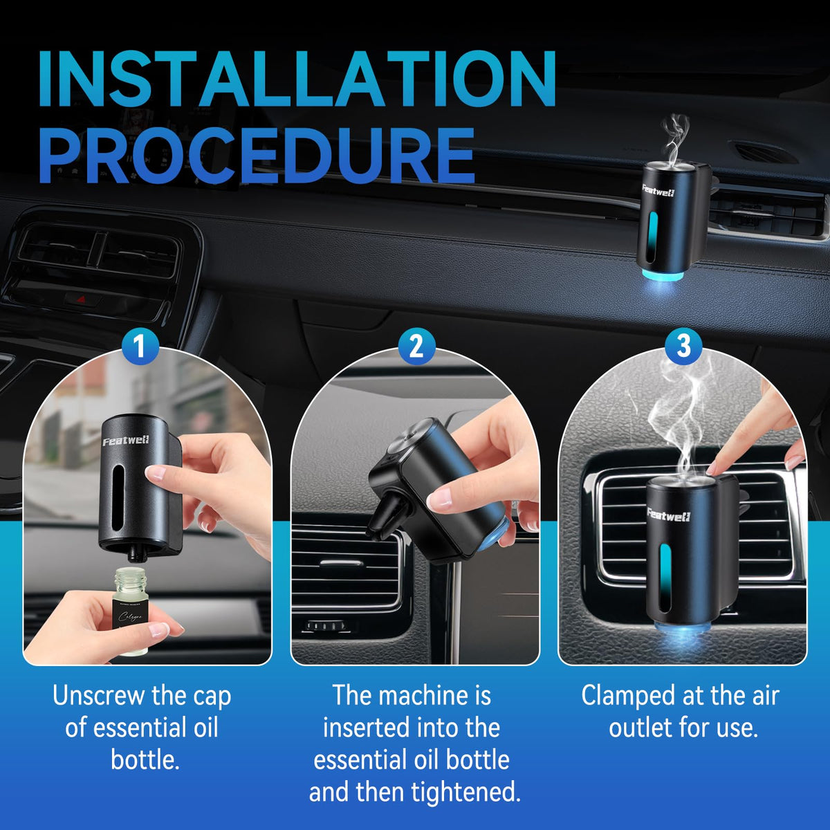 Featwell clipped to car vent releasing aroma for fresher in-cabin air
