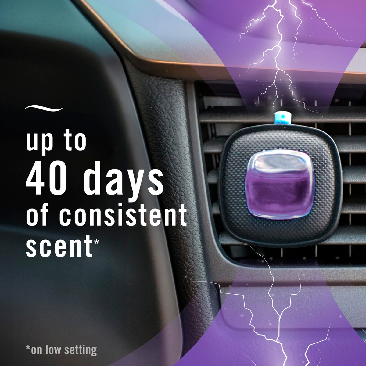 Car interior with Febreze clip delivering steady fresh scent while driving
