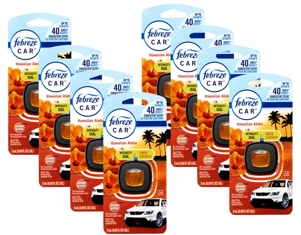 Febreze front packaging showing Hawaiian Aloha eight pack with clear labeling and benefit