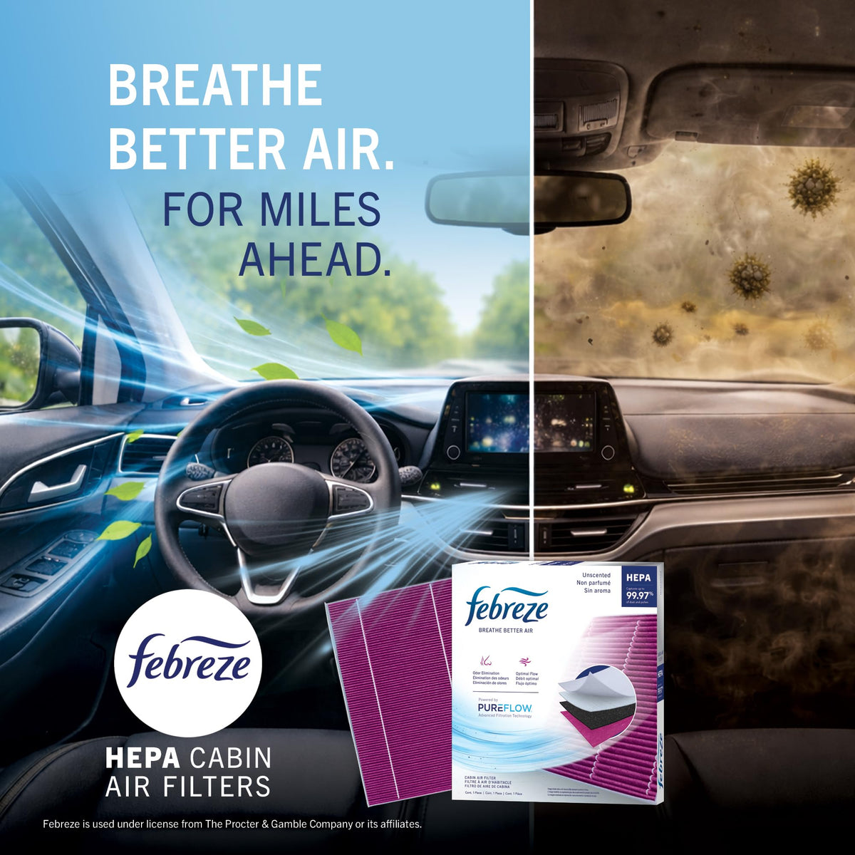 Febreze charcoal layer detail highlighting odor adsorption to neutralize smells