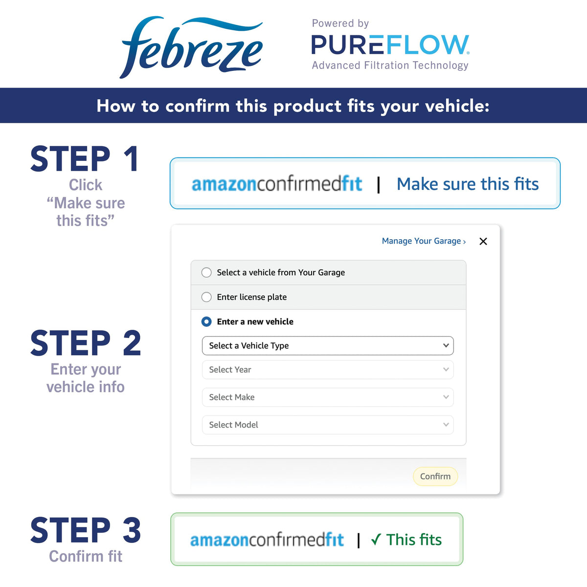 Febreze compatibility card listing BMW and Toyota models for confident purchase