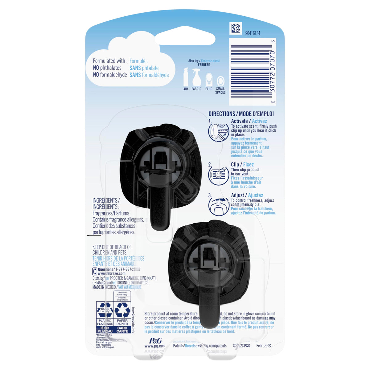 Febreze vent clip beside a phone for scale showing compact portability
