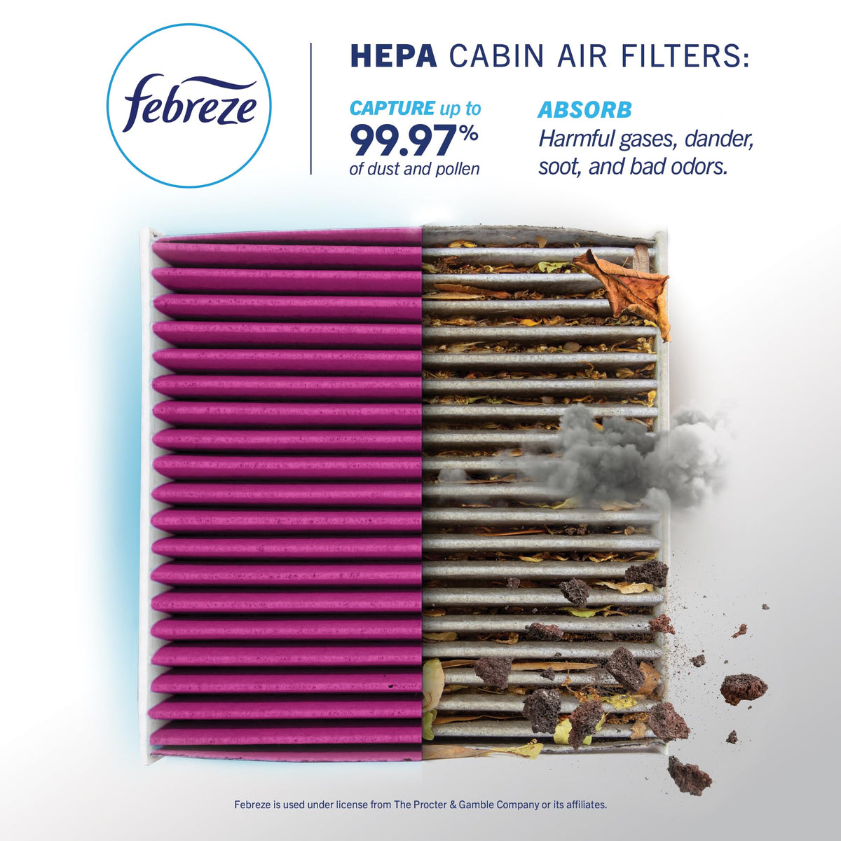Febreze close-up of filter media showing HEPA layers and particle capture