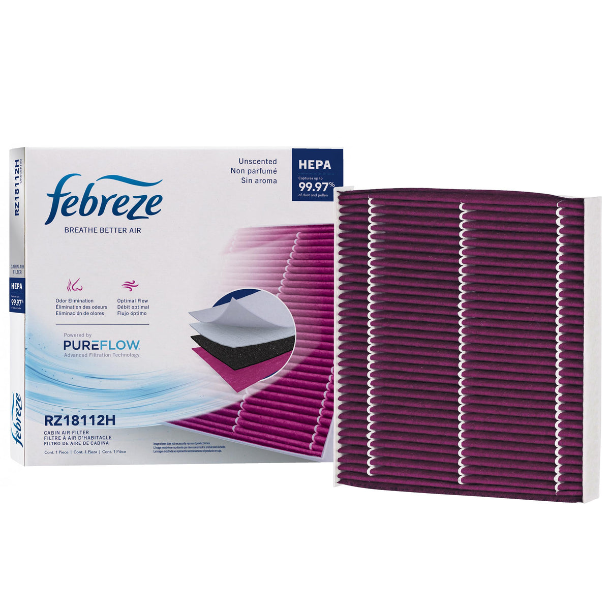 Febreze filter front packaging showing product and fitment benefits