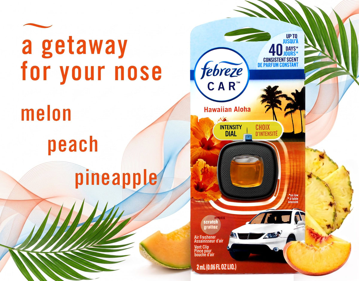 Febreze fragrance bottle opened to show liquid contents and fast odor-neutralizing benefit
