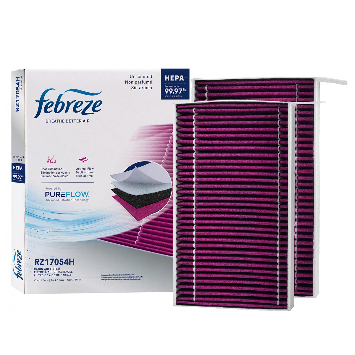 Febreze front packaging showing compatible Tesla fit and odor-control benefit