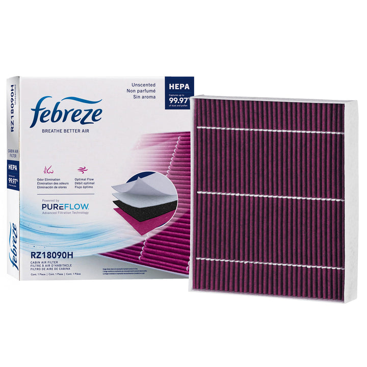 Febreze front packaging showing PUREFLOW RZ18090H and fitment benefits