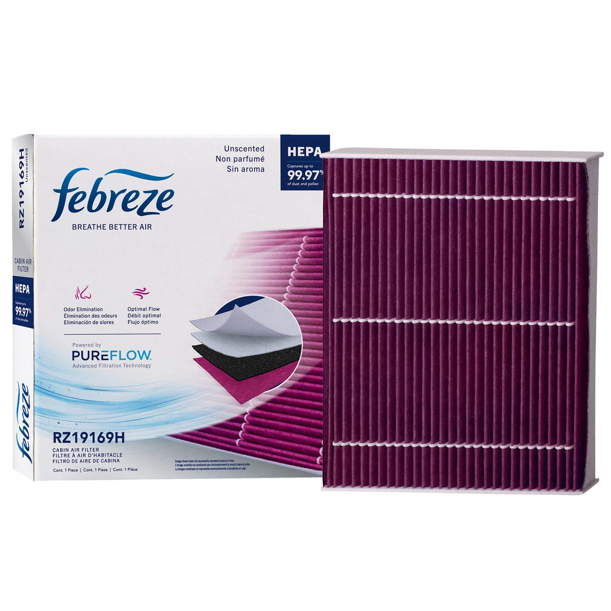 Febreze front packaging showing PUREFLOW RZ19169H and odor control benefit