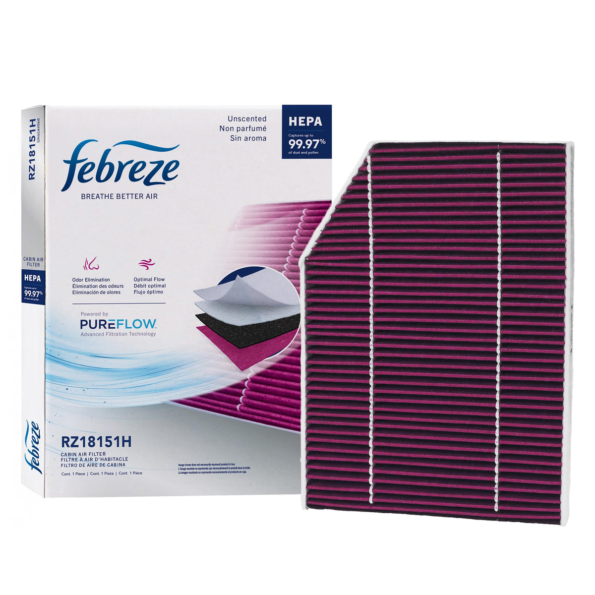 Febreze front packaging showing PUREFLOW branding and fit details for quick identification