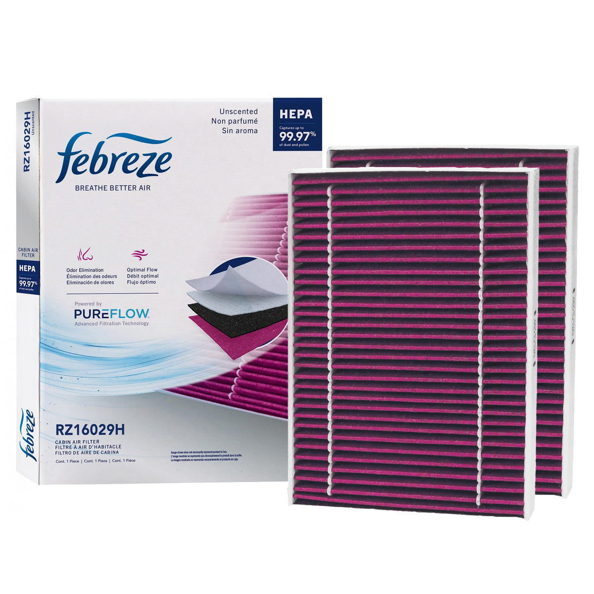 Febreze front packaging showing PUREFLOW filter and benefits