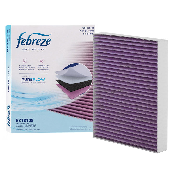Febreze front packaging of RZ18108 filter showing brand and fitment benefits