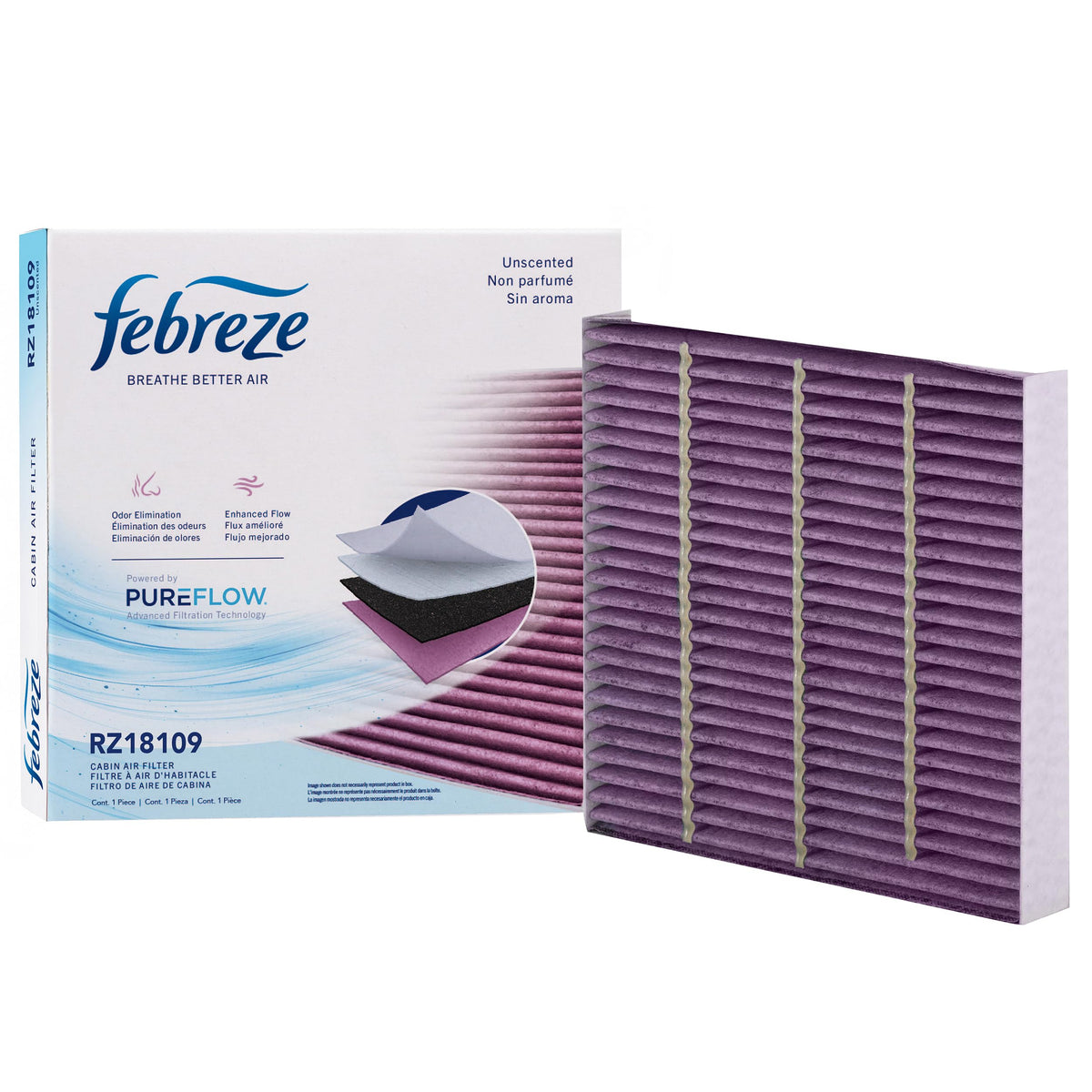 Febreze front packaging showing model RZ18109 and benefits