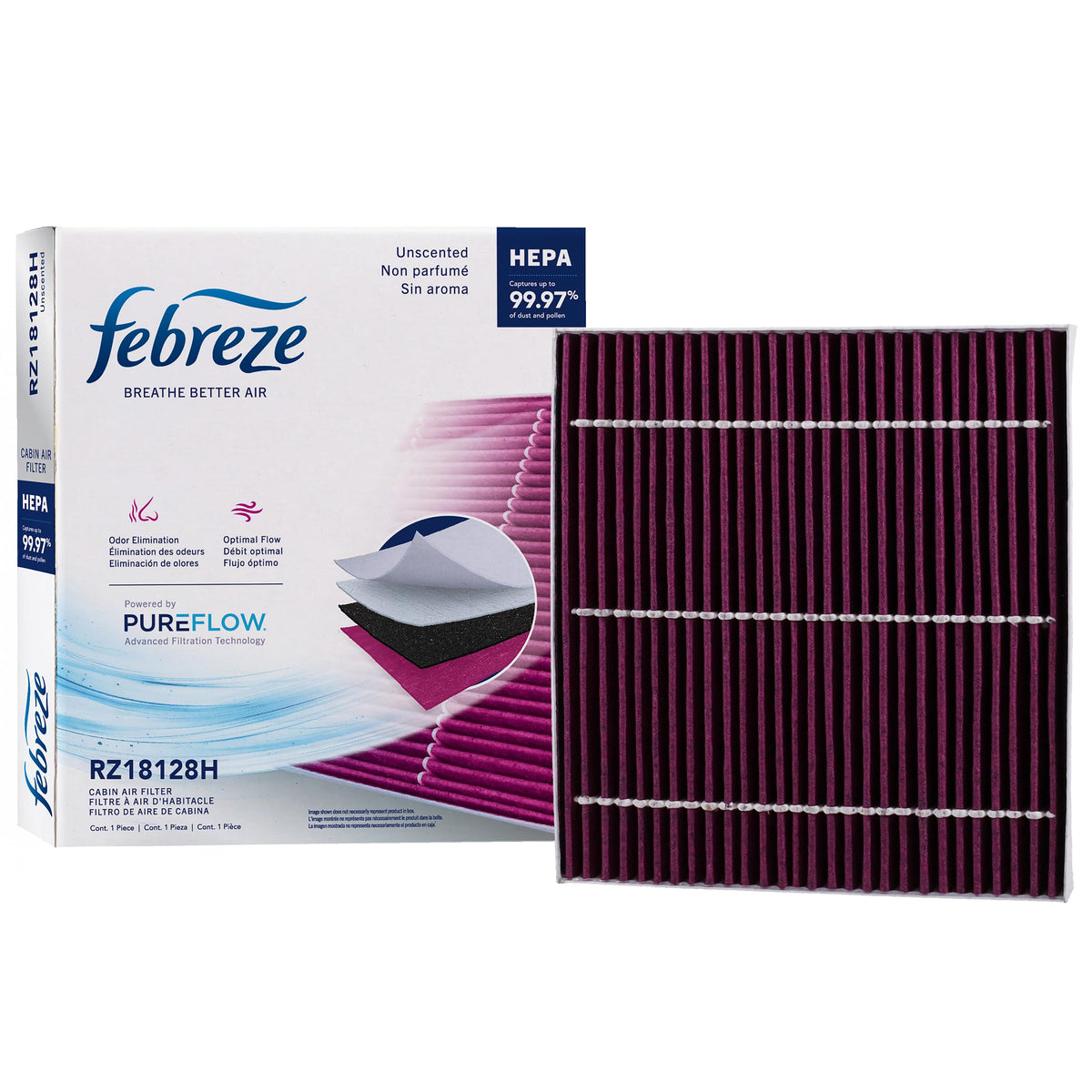 Febreze front packaging showing model and benefits for fresh cabin air