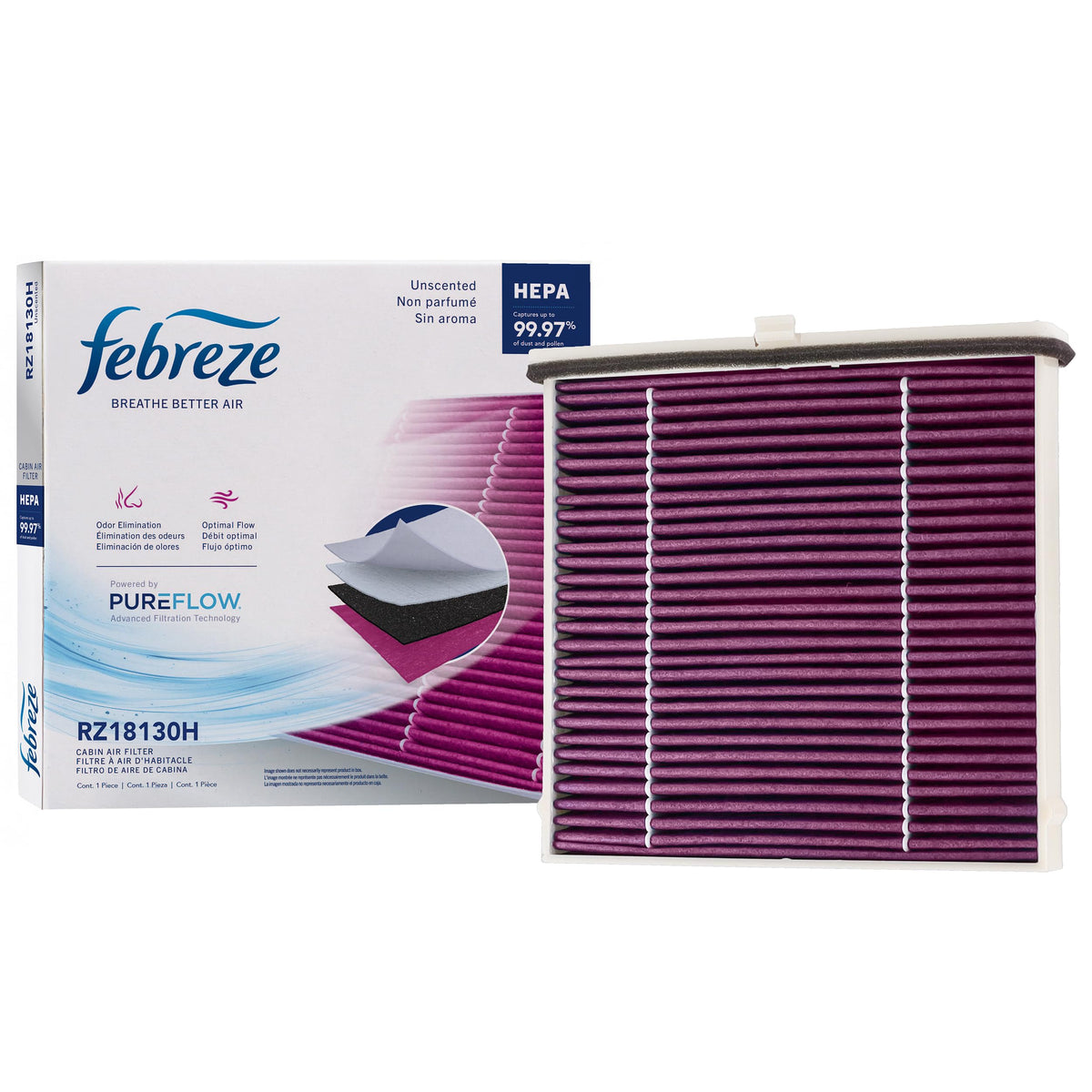 Febreze front packaging showing filter and branding benefits