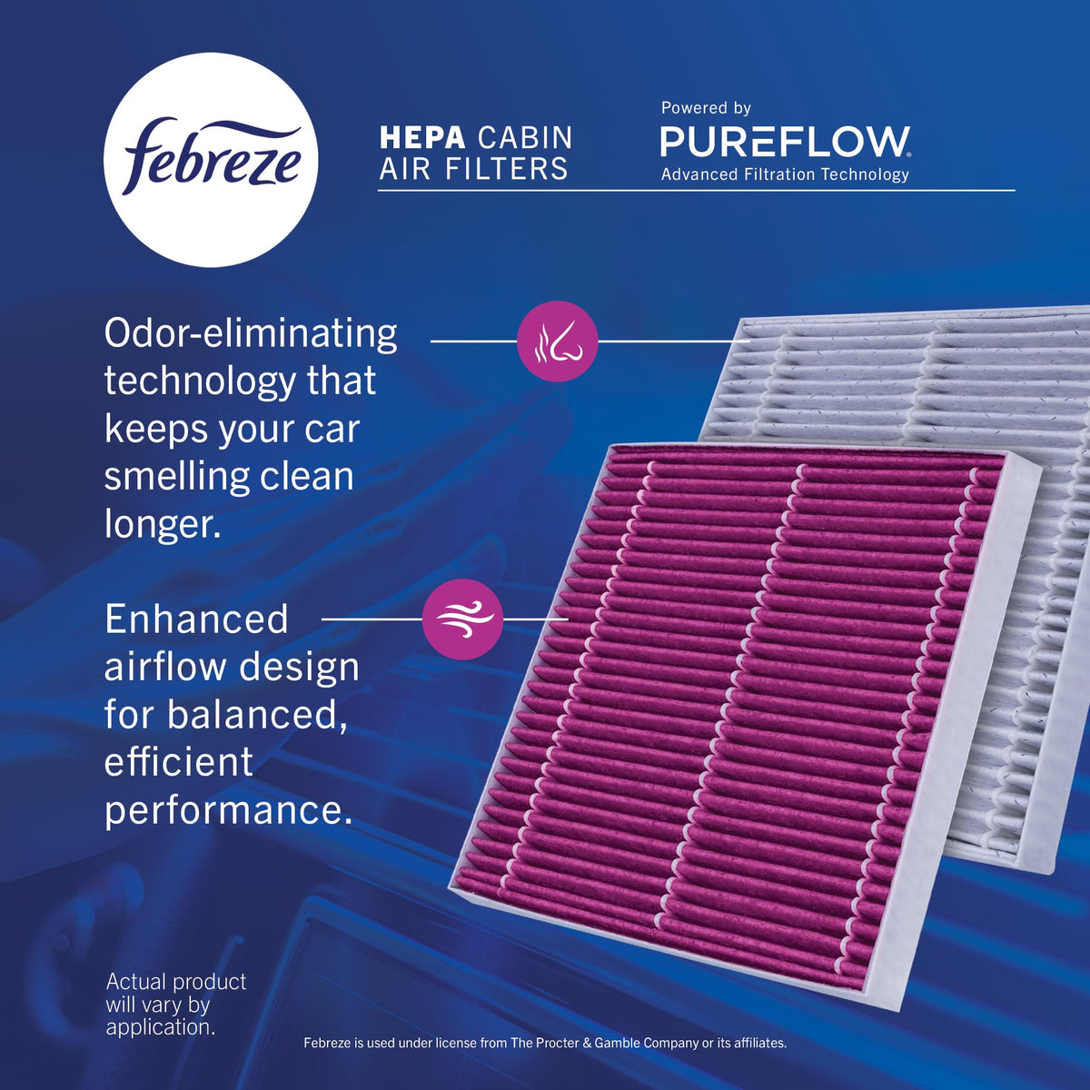 Febreze filter installed in vehicle HVAC slot illustrating easy replacement benefit