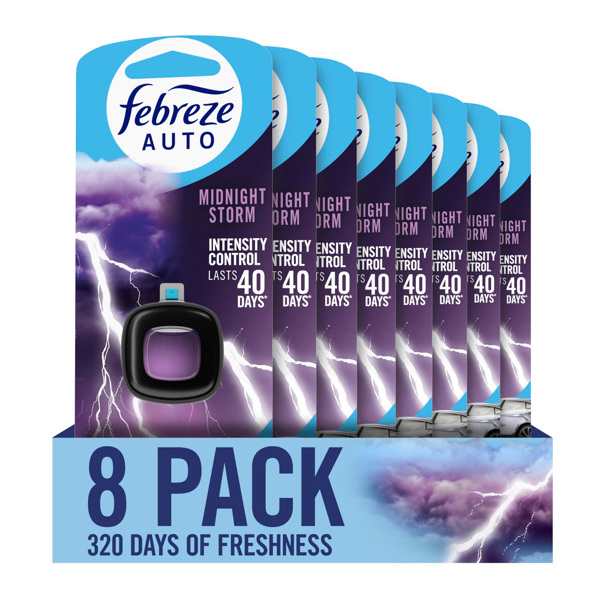 Febreze vent clip front packaging showing Midnight Storm scent benefit freshness