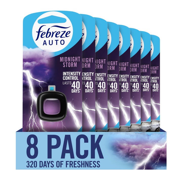 Febreze vent clip front packaging showing Midnight Storm scent benefit freshness