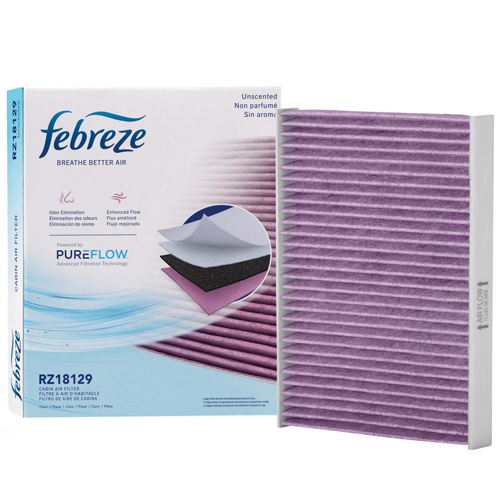 Febreze PUREFLOW front packaging showing model RZ18129 and odor control benefits