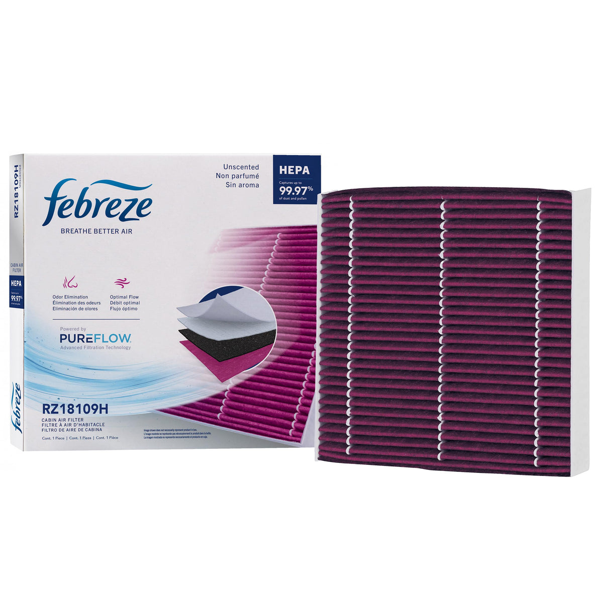 Febreze PUREFLOW front packaging showing model and benefits