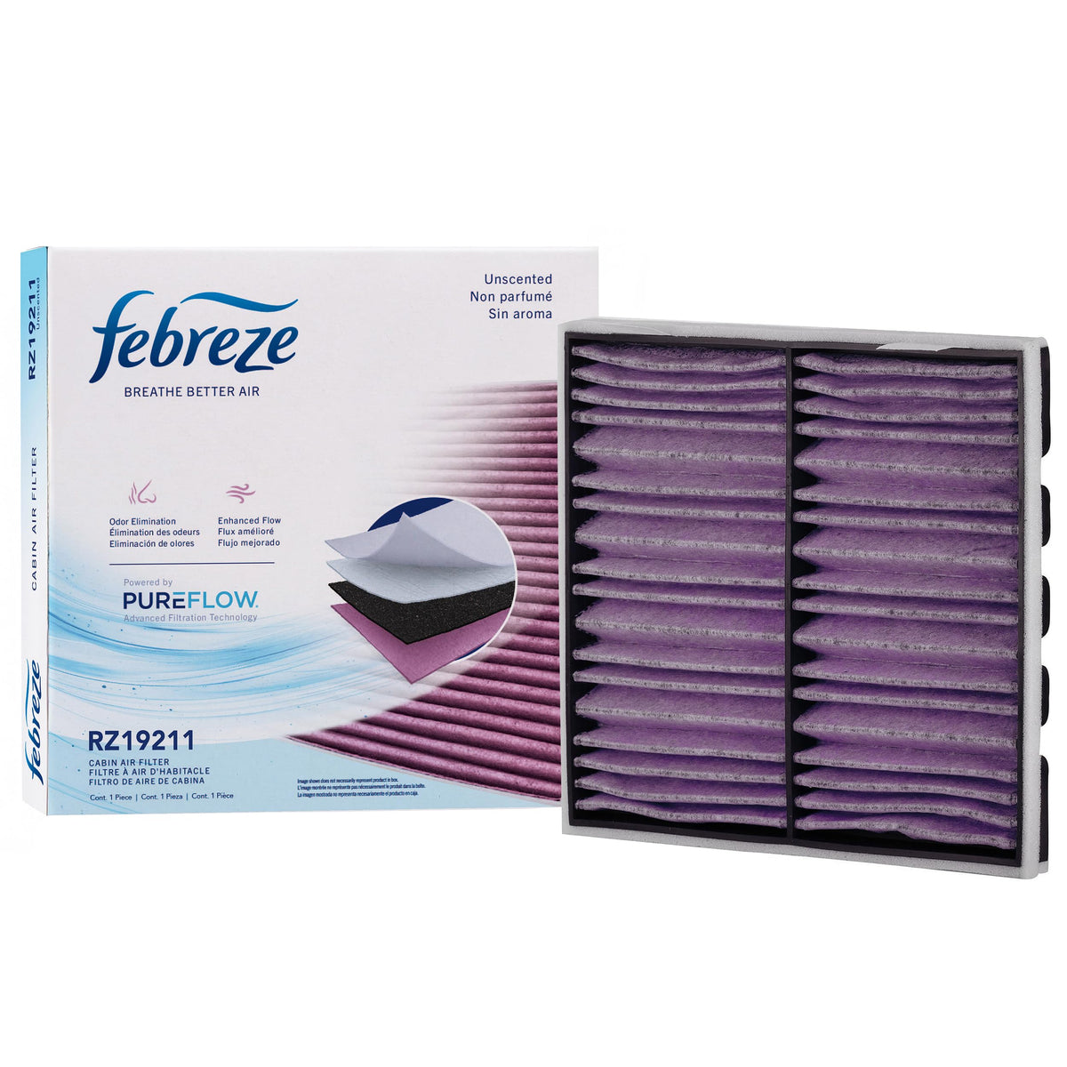 Febreze PUREFLOW front packaging showing model and fitment benefits