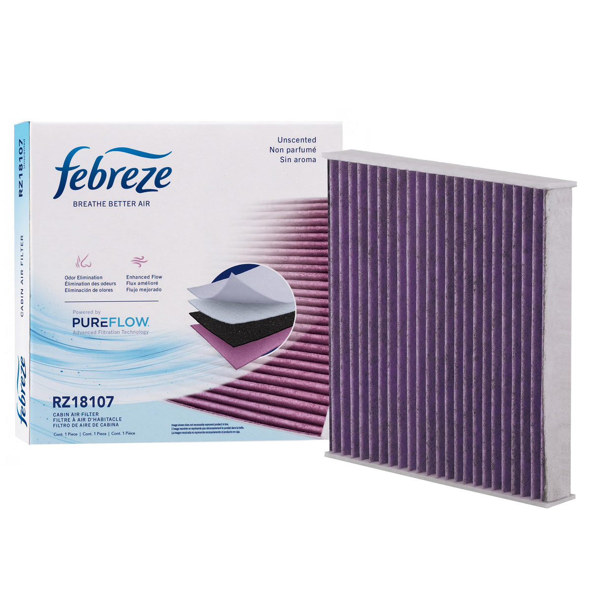 Febreze PUREFLOW front packaging showing unscented odor control benefit